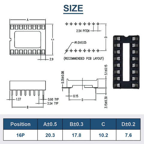 Technical diagram of L293D Four Channel Motor Driver Module DIP16 for Arduino DIY projects with 16P IC socket layout measurements