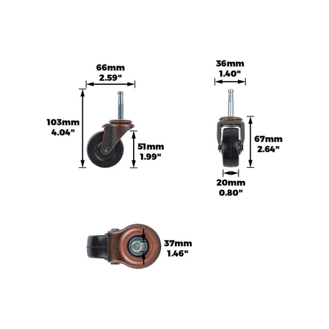 2 Inch Stem Caster 2 Pack Black Soft Rubber Wheel 3/4 Inch Wide With Double Ball Bearing Swivel Copper Friction Stem Mount