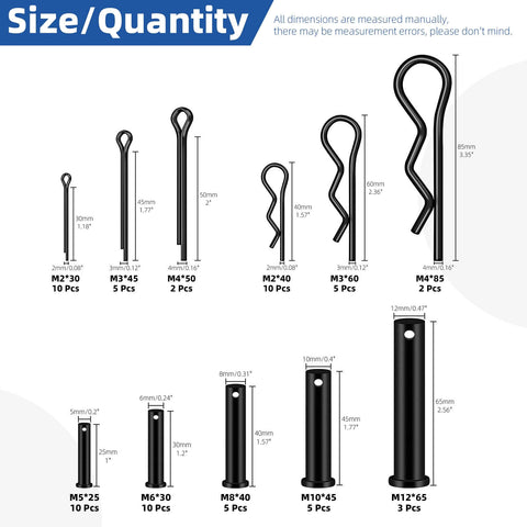All Purpose Clevis Pin Kit With Cotter Pins And R Clips In 11 Sizes, 67 Piece Set Black Finish For Industrial Hardware