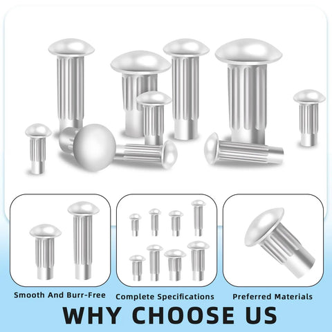 Rivet Set 400Pcs with Storage Box Aluminum Solid Rivets Knurled Shanks in 8 Sizes M2 M2.5 M3 M4 Semi Round Head