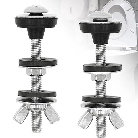Stainless Steel Toilet Tank To Bowl Bolts Kit With Washers Universal Waterproof Heavy Duty Replacement Bolts shown side by side against a toilet background.