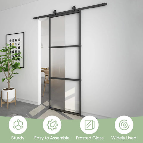 Installed Frosted Glass Barn Door 30In By 84In With Top Mounted Hardware Kit Soft Close Black Carbon Steel Frame Tempered Glass