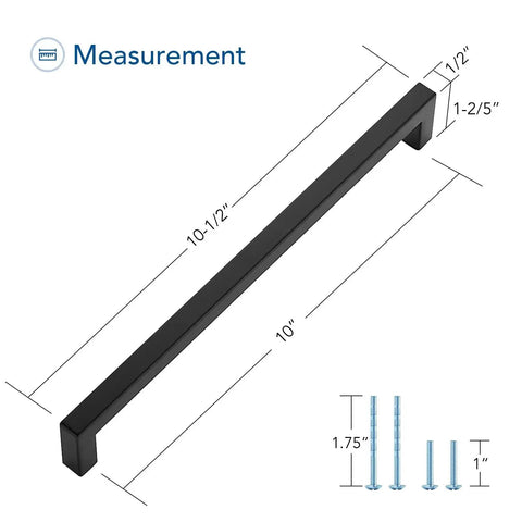 Matte Black 10 Inch Square Cabinet Pulls For Kitchen Cabinets And Drawers, 10-1/2 Inch Overall Length, with screws and measurements