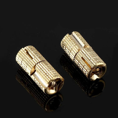 Close-up of Heavy Duty 8mm Barrel Hinge Set For Cabinets And Wooden Boxes 4 Pcs Concealed Hidden Brass Hinges with textured detail.