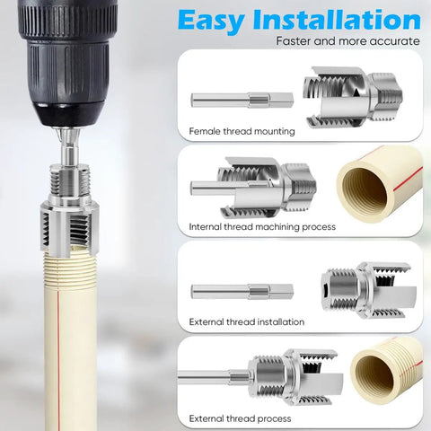 Image of dual function PVC pipe threader kit showing installation and threading process for 1/2, 3/4, 1 in pipes.