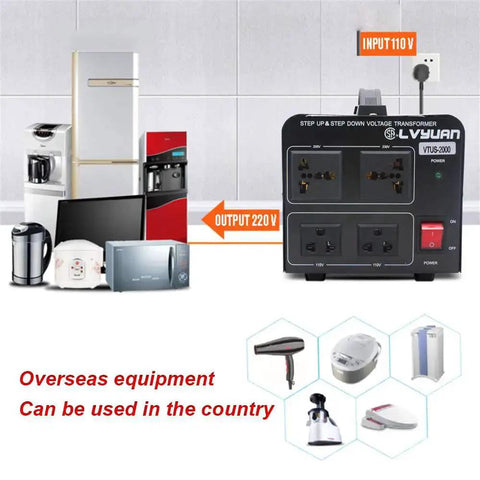 Voltage Transformer Converter 2000 Watt Step Up And Step Down Power Adapter with outlets shown powering appliances