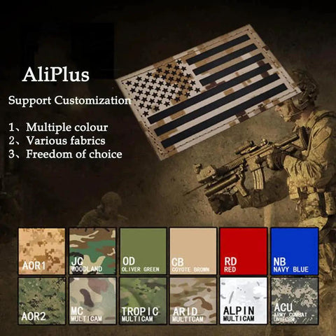 Brown American Flag patch with laser cut edges, displayed on camouflage background, showing various color and fabric options.