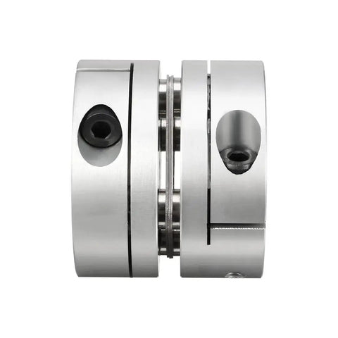 Beefy 12.7mm To 12mm Bore Flexible Diaphragm Motor Shaft Coupling Joint With Clamp Mount, side view of aluminum hubs and stainless discs.