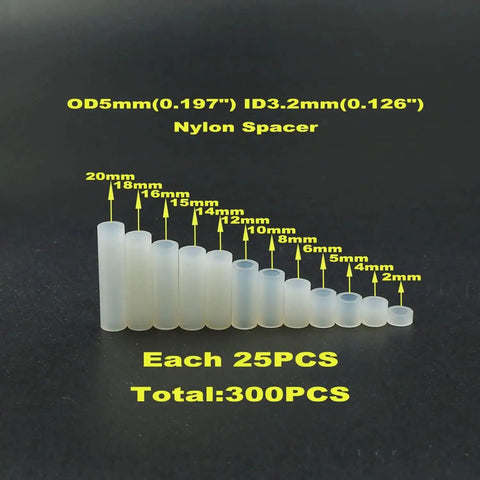 Nylon Round Unthreaded Spacers Kit For M3 Screws, 300 Pc White Assortment With 5mm Od And 3.2mm Id, 12 Length Options Displayed