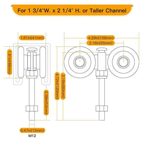 Diagram of Beam Trolley Assembly With Silent Rollers For 1-3/4 Inch Wide And 2-1/4 Inch Or Taller Rail Hanging Track.