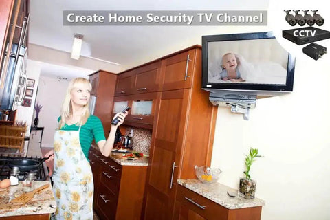 Woman in kitchen using RF Modulator For AV To Coax Output With Channel 3 4 Switch, baby on TV, CCTV concept in home setting.