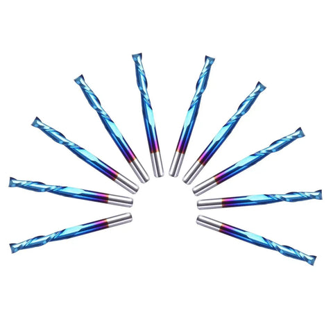 Ultra Sharp 10 Piece Nano Blue Coat Flat Nose End Mill Set For CNC Router Bits One Eighth Inch Shank Upcut Two Flute End Mills