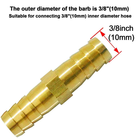 Three Eighths Inch Brass Hose Barb Splicer Mender Fittings With Six Stainless Steel Pipe Clamps For Water Fuel And Air Hoses 10 Millimeter Inner Diameter Ideal For Automotive Marine RV And Workshop Use Durable Brass Construction For Long Lasting showing the brass fitting with 3/8 inch measurement label