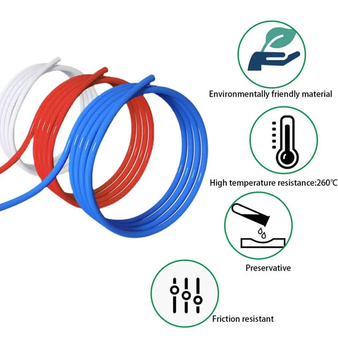 Coiled PTFE Teflon tubing in white, red, blue with icons for environmentally friendly, high temp resistance, and friction resistance.
