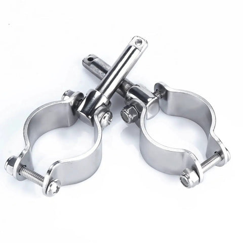 Two Pack 316 Stainless Steel Clamp On Oarlocks for Boats and Yachts, adjustable rowlock sockets, marine grade, rust resistant, close-up view.