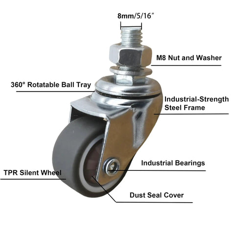1 Inch Swivel Stem Threaded Casters With M8x15 Threaded Rod 360 Degree Swivel Action TPR Quiet Caster Wheels Brown Finish