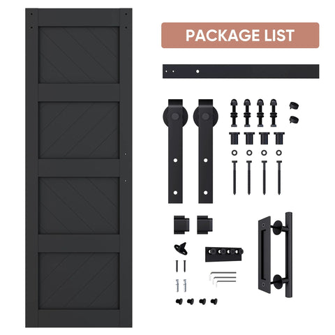 Slim 28 By 84 Inch Wave Shape Black Sliding Barn Door With Hardware Kit, Four Panel, Waterproof, Pre Drilled