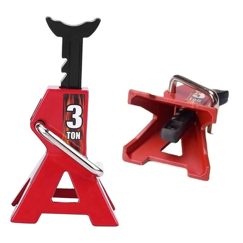Side view of 3 ton red adjustable metal jack stands for 1/10 RC crawler cars, part of the 4Pcs Adjustable Metal Jack Stands set.
