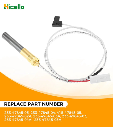 Hicello gas minivolt thermopile replacement for Bradford White water heater with brass probe and white insulated wiring.