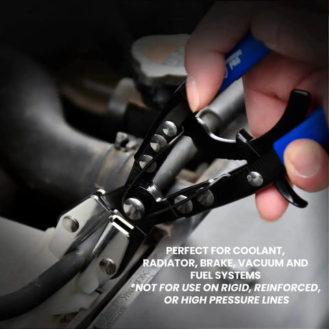 Close-up of 3Pcs Ratcheting Hose Pinch Off Pliers Set used on automotive cooling line.