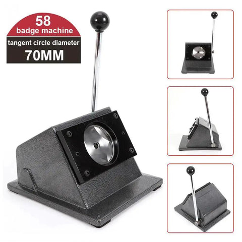 Multi Sheet Circle Punch Die Cutter 58mm and 70mm with hardened steel die cast base and long arm handle, front and side views.