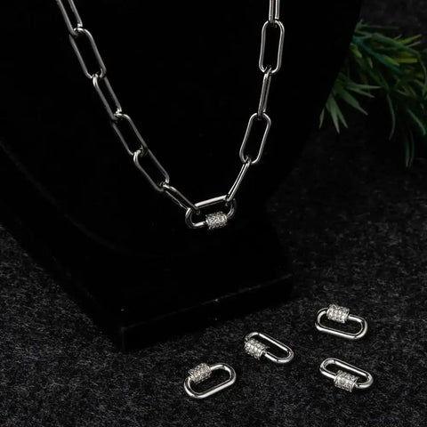 Five Silver Screw Carabiner Lock Charms Set With Brass Micro Pave Cubic Zirconia Oval Quick Links Clasp For Jewelry Making Findings