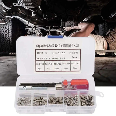 105 Piece Stainless Steel Threaded Inserts Repair Kit Helicoil Style Wire Inserts Installation Set DIY Friendly For Aluminum And Other Metals M4 X 0.7 Thread Size Includes Easy Install Tools shown with open case and tools.