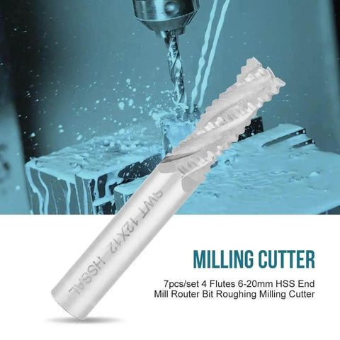 Roughing End Mill Set For Metalworking, 7 Pieces, HSS CNC Milling Cutter With 4 Flutes, shown in close-up view