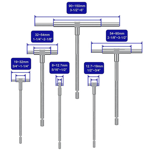 Telescoping Gage Set Six Pack Stainless Steel Bore Gauges For Inside Diameter Measurement Range From Five Sixteenths To Six Inches Ideal For Precision Parts To Large Machinery A Versatile Measurement Tool For Machinists And Toolmakers, displayed with measurement sizes