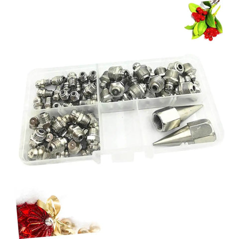 One Stop Grease Fitting Kit With Assorted Nozzles And Grease Gun Attachments For Bearings And Recessed Fittings Pro Grade And Easy To Use Handy Plastic Case Great For Workshops And Garages displayed in a plastic case