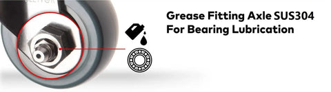 Grease fitting on axle of Heavy Duty 3 Inch SUS304 Stainless Steel Swivel Plate Caster With 250 Lbs Load Capacity Per Caster Industrial Grade Non Marking