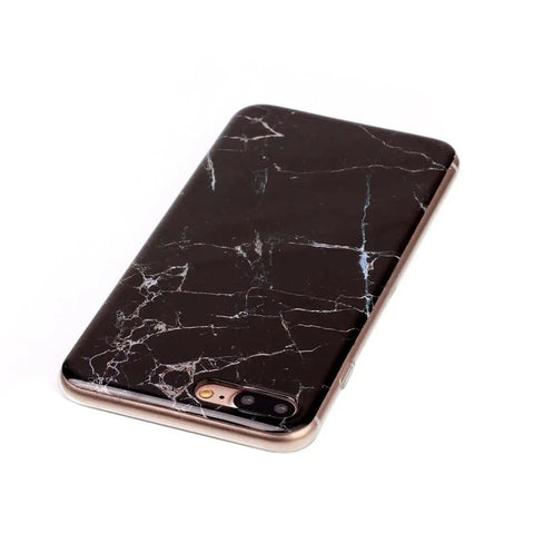 Black marble phone case with cracked design for dual-lens camera smartphone, rear view.