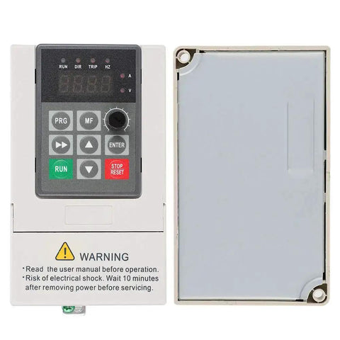 Front view of a Three Phase Output VFD for Spindle Motors, 0.75KW 110V In, 7A Single Phase to Three Phase Frequency Inverter with cover open.