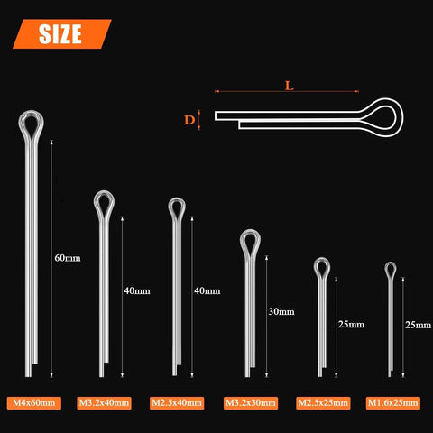 304 Stainless Steel Cotter Pin Assortment Kit With 100 Pieces In Six Common Sizes M1.6x25 M2.5x25 M2.5x40 M3.2x30 M3.2x40 And M4x60