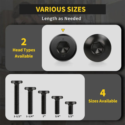 Image showing various sizes of 1/4-20 Inch Flat Head Hex Socket Cap Screws Bolts 3/4 Inch Long Fully Threaded 25 Pack With Electrophoretic Finish And Hex Wrench Included For Quick Heavy Duty Do It Yourself Projects And Rugged Repairs, including different head types.