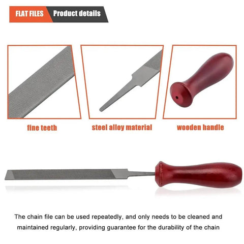 Close-up of a flat file with fine teeth, steel alloy material, and wooden handle included in the Chainsaw Sharpening Kit 12 Piece All In One Set With Round File Sizes 5 32 3 16 7 32 1 8 11 64 13 64 And 6 Inch Flat File Plus Depth Gauge Quick Check Gauge For Easy Field Sharpening By Hipa.