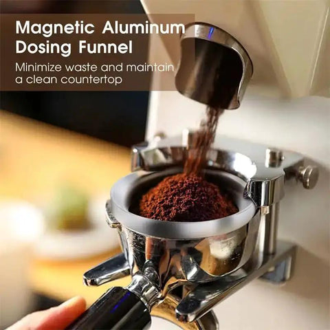 Espresso Accessories Kit 51mm For Delonghi And Other 51mm Machines with dosing funnel in use over portafilter.