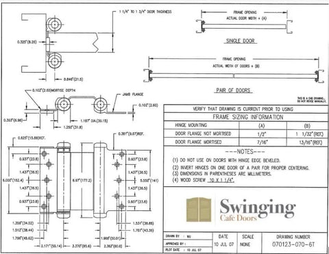 Technical drawing of Heavy Duty 6 Inch Double Action Swinging Door Hinges For Saloon And Cafe Bar Doorways Commercial Grade With Adjustable Tension.