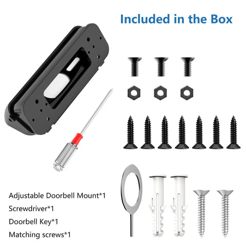 Contents of package including 30-55 Degree Adjustable Doorbell Angle Mount for Wider View and No Blind Spots, tools and screws.
