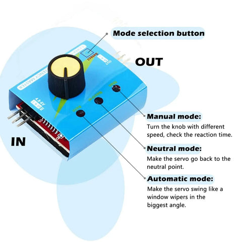 Mechatronics Servo Tester Kit with SG90 9G Micro Servo Controller featuring mode selection button and instructions.