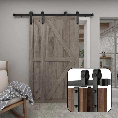 8Ft Bypass Sliding Barn Door Hardware Kit For Low Ceiling And Double Doors with heavy duty carbon steel track system installed