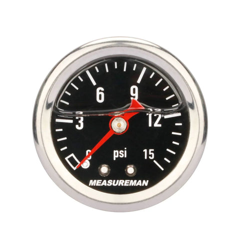 MEASUREMAN 1.5 in black dial fuel pressure gauge, 304 stainless steel case, liquid-filled, 0-15 psi, 1/8 in NPT mount.
