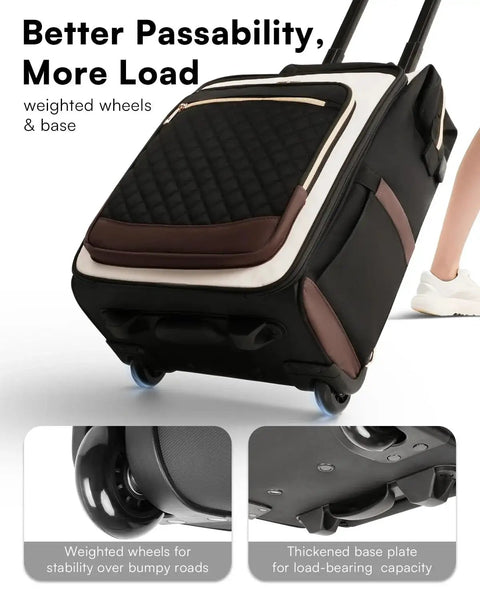 Sleek Rolling Laptop Backpack For Women With Wheels, 2 In 1 Vertical And Horizontal Storage, side view showing wheels and base