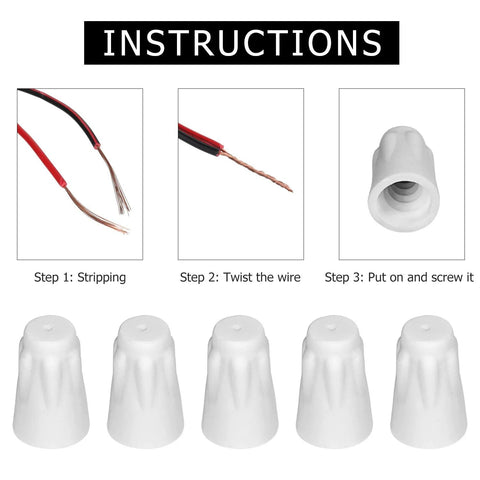 Ceramic wire connector caps, white porcelain; five caps shown with step-by-step stripping and twisting instructions.