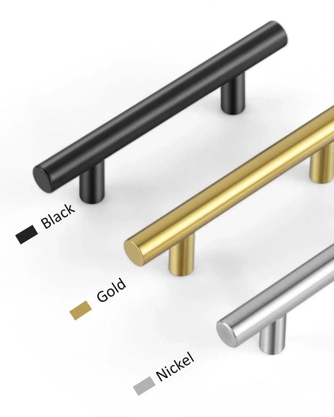 Variety of 5 inch cabinet pulls in black, gold, and satin nickel, showing different finish options for kitchen hardware.