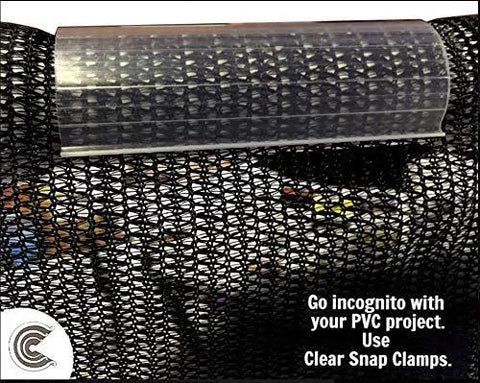 Installed clear snap clamp securing black netting on PVC as part of 20 Pack Clear Transparent Light Grip Clamps Furniture Grade For One And A Quarter Inch PVC Pipe Or One And A Half Inch EMT Four Inch Long EZ Snap Clamps For Tarps DIY Projects Suitable For DIY Home Improvement And Construction