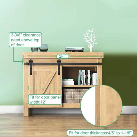 2 Ft Mini Barn Door Track Kit Black For Single Door Closet Cabinet Slick Black Finish, installed on wooden cabinet