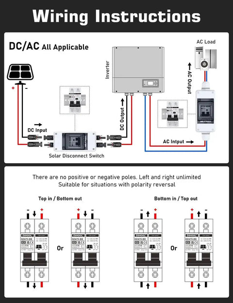 Wiring diagram for Solar Disconnect Switch 40 Amp Two Pole DIN Rail Mount Non Polarized Circuit Breaker for AC DC systems.