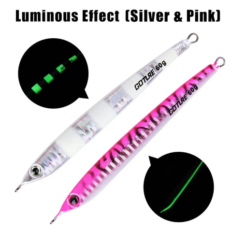 High Strength Vertical Saltwater Jigging Jigs 60 To 150g Glow With Assist Hook Fast Fall Lead Lures shown in silver and pink