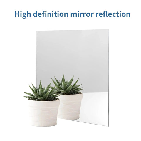 Five Pack 12x12 Inch Silver Mirrored Acrylic Sheets One Eighth Inch Thick For Laser Cutting Crafts Dope DIY Projects And Art Displays Glossy Mirror Sheets With Protective Film On Both Sides KEJJNYER showing high definition reflection of potted plants